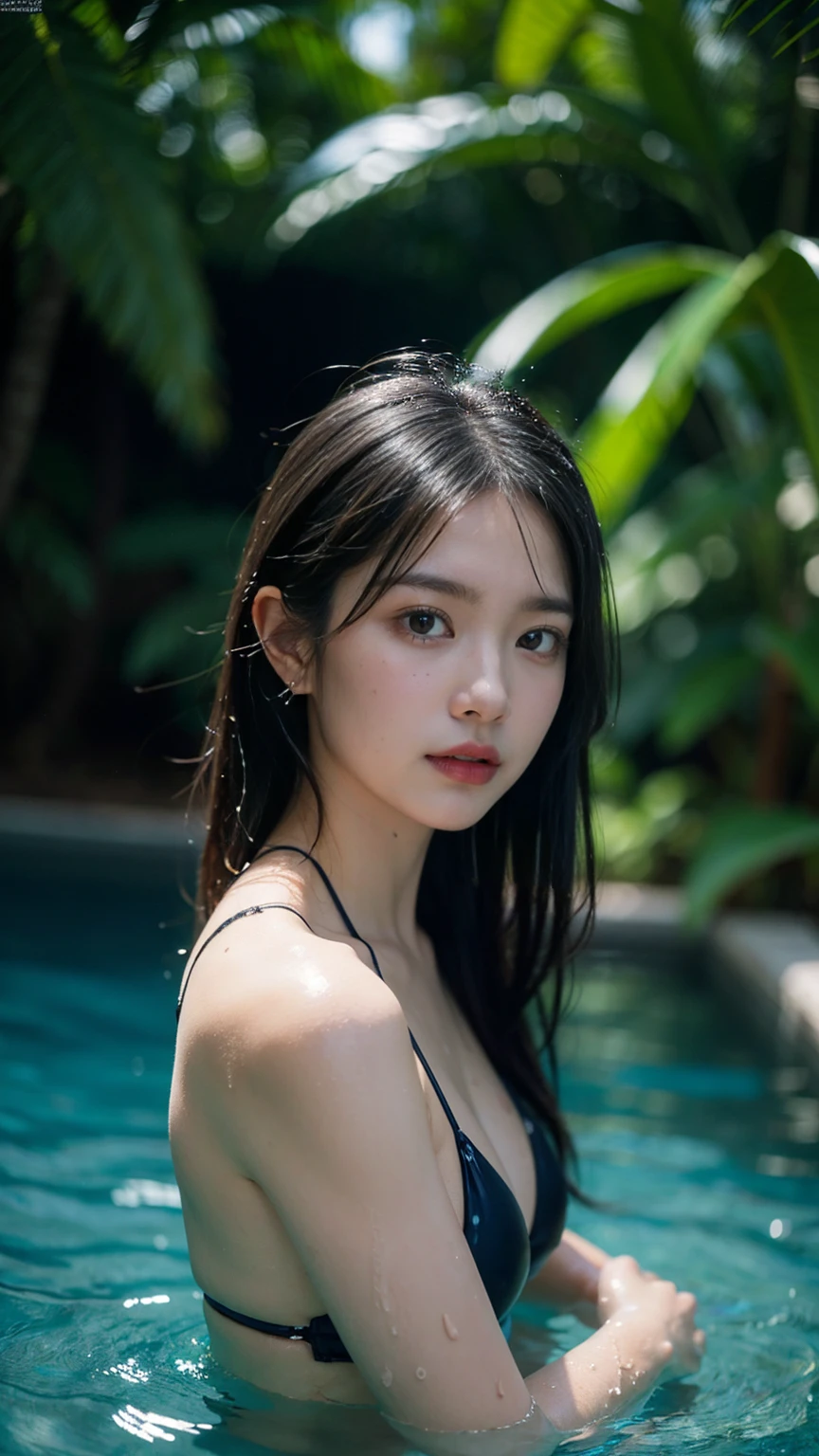 Portrait of a MagMix Girl with long hair, wearing a bikini, at a swimming pool with lush plants around, sunlight reflecting off the water, natural light, analog film photo, Kodachrome.