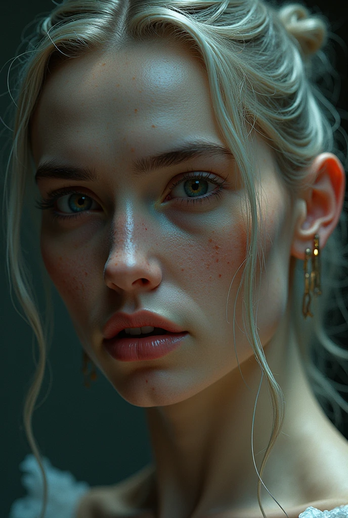 An exquisite portrait of 1 albino woman with deep and clear skin, a photograph captured in stunning 8k resolution and raw format to preserve the highest quality of details. The beauty of women is undeniable, her face commanding the frame in a close-up that reveals the intricate details of her eyes. She wears a dress that complements her radiant skin, and her eyes are portrayed with meticulous attention to detail, showing a captivating depth within. The photograph is taken with a lens that emphasizes the challenge of your gaze, and the backdrop is a dark studio environment that brings out the soft colors of the scene. Lighting and shadows are expertly crafted to highlight the richness of your skin tone and the subtle nuances of your features... Your blonde hair, with its distinct shadow, adds a touch of warmth and contrast against your skin. The interior ambiance adds a sense of intimidation, while the freckles on her albino skin tell their own story. The overall composition captures its essence with traditions and grace, creating a portrait that is a celebration of your heritage and beauty. Photography by challenge512, using the best shadow and lighting techniques, to create a mesmerizing portrait that transcends the visual, ultra-realistic image, perfect symmetry, vibrant and clear, dynamic view, high level of detail and definition, 1200 PPI - Photographic resolution with greater color realism, hyperrealisti, high fidelity,  cinematic.