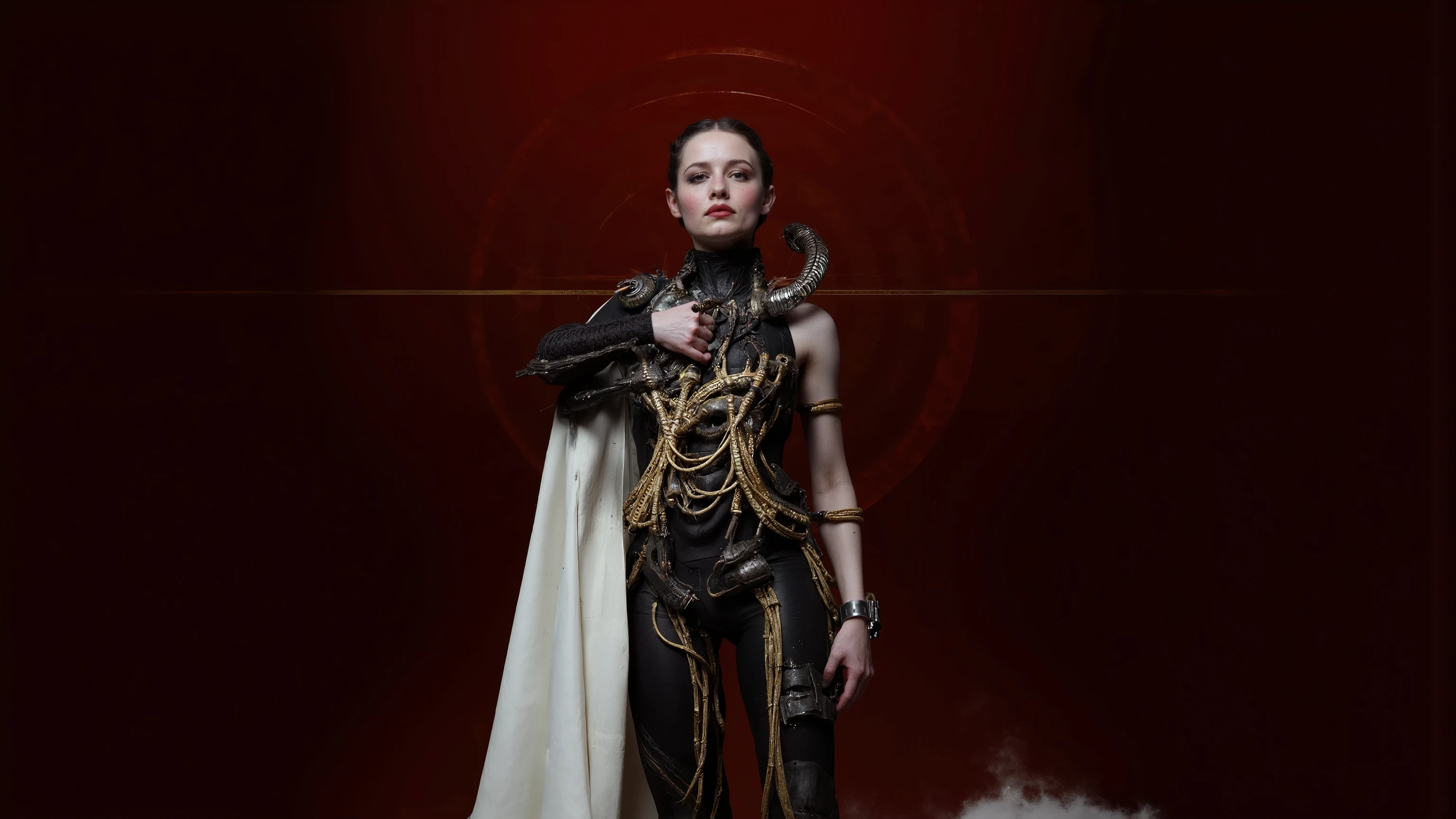 Sexy pretty girl ,tall,The body armor has black pipes and golden circuit textures,white cape,The image is a concept art piece that appears to be highly detailed and sharp. It showcases a humanoid figure made of intricate mechanical parts visible in the center. The figure seems to be made of metal and wires with various tubes and components intertwined. The background is dark putting emphasis on the figure. The medium appears to resemble a digital painting or a highly detailed illustration rather than a photograph or traditional art forms.Science Fiction,metal texture,大Wide-angle composition。A sense of emptiness in the scene,Sacred,The background is a blood red sky,There is a thin golden ring in the sky,The scene is big and empty,A sense of emptiness in the scene,Sacred,on the body creates a sense of depth and perspective, Dark Tones,Film composition ,Wide-angle composition,Movie lighting ,Art by Piotr Jabłoński,drk4rt,Billie Eilish