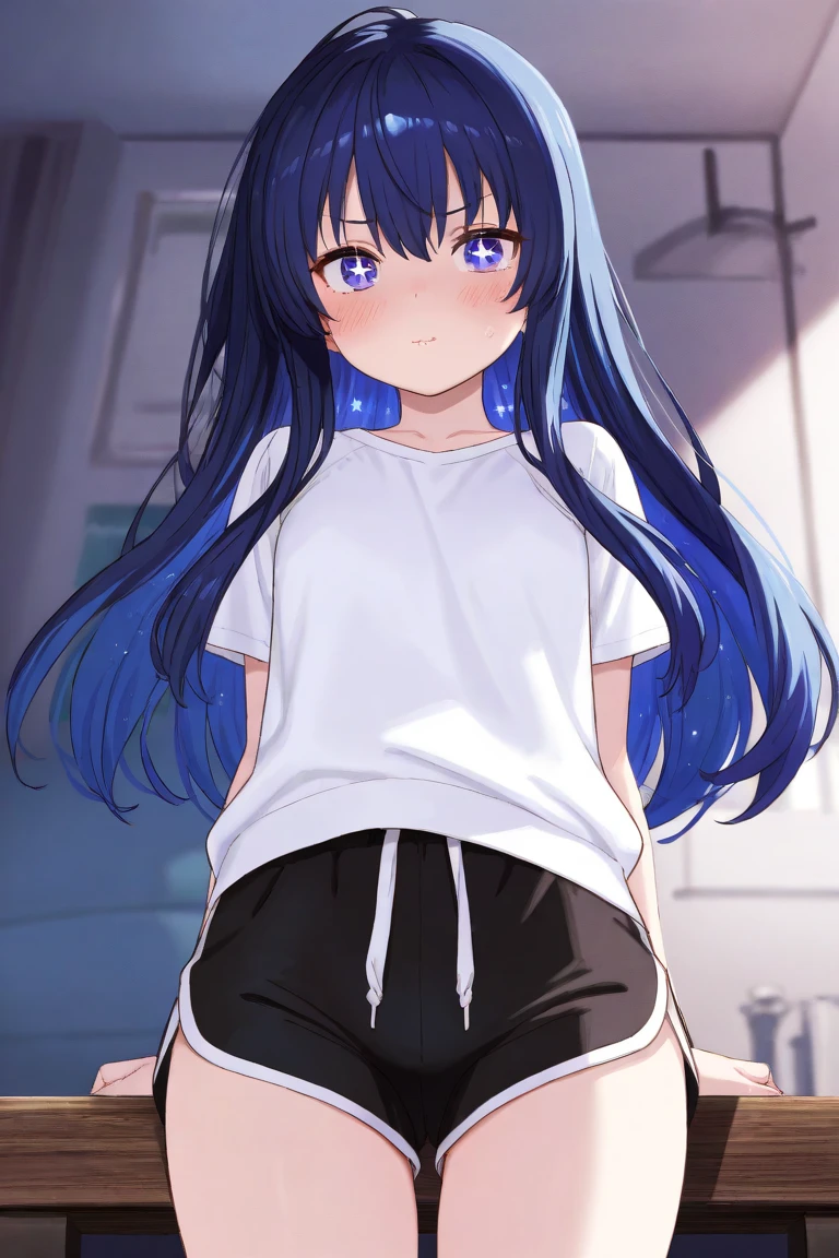 pulledwedgie,pulled by self,wedgie, Hoshino Ai, long hair, purple hair, streaked hair ,purple eyes, star-shaped pupils, hair ornament, ,