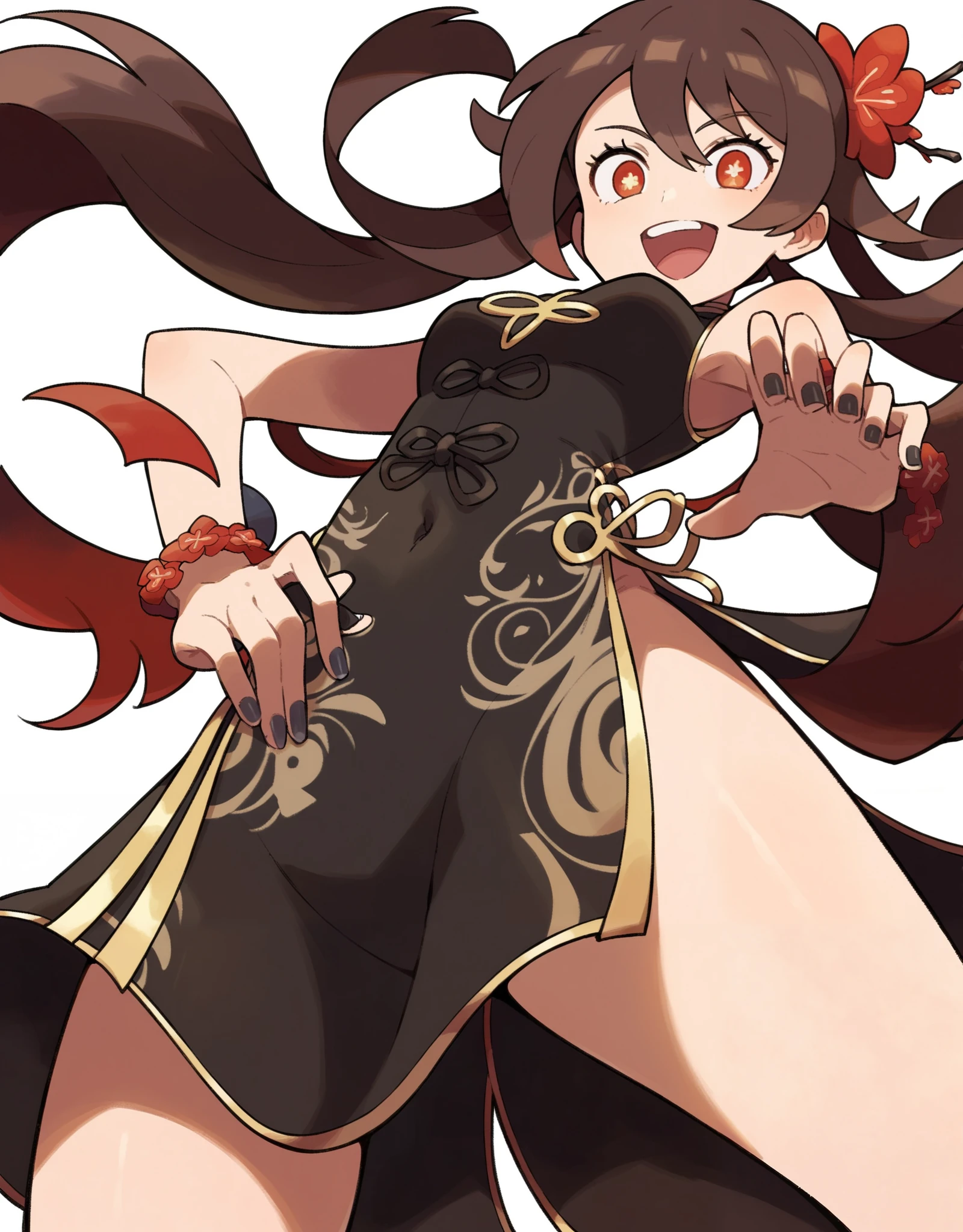 score_9, score_8_up, score_7_up, Hu Tao, pokemon pokemon_(anime) pokemon_journeys pokemon_sv pokemon_bw2 1girls score_9, score_8_up, score_7_up, pokemon pokemon_(anime) pokemon_journeys pokemon_sv pokemon_bw2 1girl, from below, Anime girl, long dark brown hair, crimson tips, red eyes, red flower, gold emblem, Chinese dress, red and gold patterns, ghostly flames, spectral energy