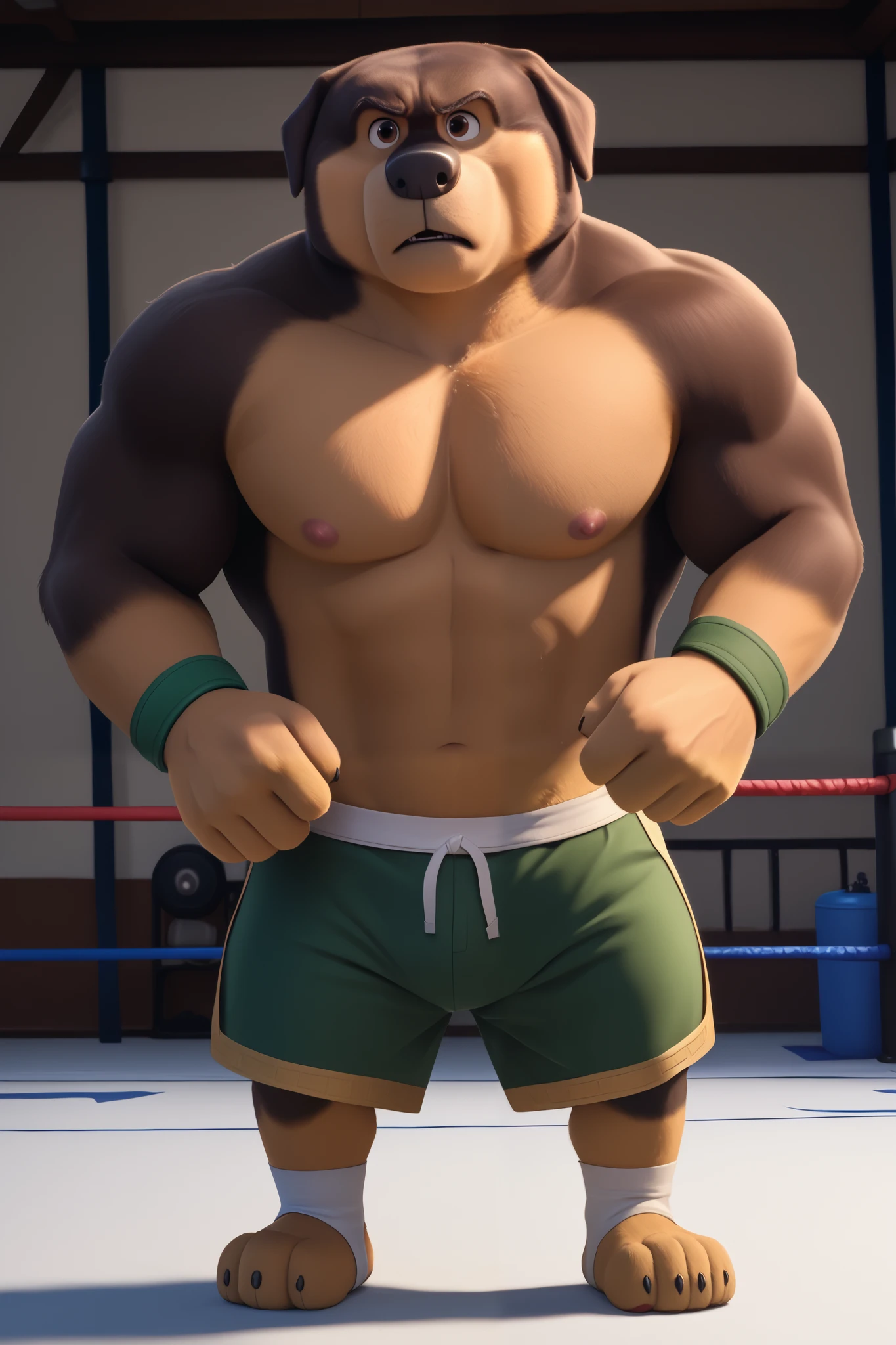 score_9, score_8_up, score_7_up, cartoon_style, ((by BodiPhant0m)), byBodiRDz, 4k, 8k, The best quality, very well drawn, detailed, high quality, detailed, 4k, high resolution, high quality, high resolution, Khampa, detailed, high quality, detailed, 4k, high resolution, high quality, high resolution, furry character, canine, 2d, solo, fighting arena background, rockdog, khampa, style rock dog, movie style, style[rockdog], rockdog, male, Tibetan mastiff, mastiff, dog boy, dog, khampa, Tibetan Mastiff with brown-and-tan fur with tan fur on his muzzle, hands, feet, black nose, brown eyes, middle aged muscular, full body, Height: 6'10", Weight: 358lbs, shirtless, black MMA shorts with green slits, MMA gloves with knuckle pads, training, stances, practicing