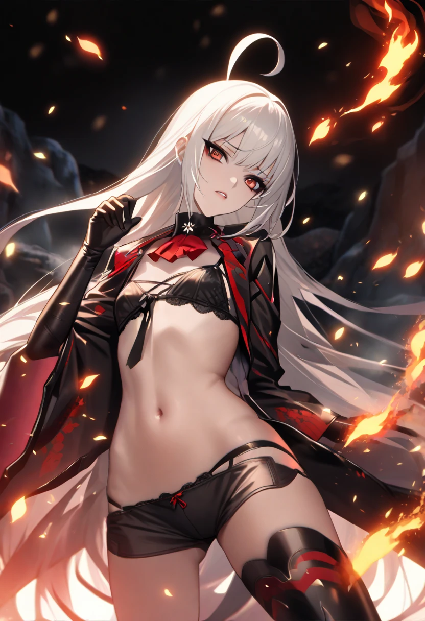 An adult woman half fox and wolf, wide breasts, red eyes, white hair, very angry, holding a sword