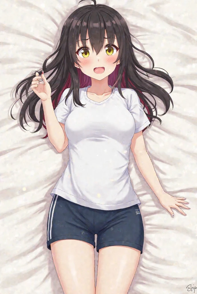 high quality, 最high quality、 Stylish design, (((The cutest girl))), ((Thin legs))、(((最high quality))), High resolution, ((detailed)), ((masterpiece)), ((Super detailed)), 14-year-old girl、Black Hair、Inner Color、((Lying on your back in bed),underwear,I can hit it),((Sexual))
