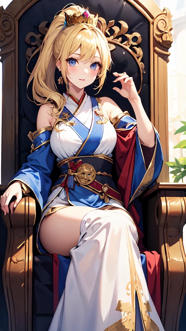 Masterpiece, Best Quality, (((Solo mature woman Janet))), (((platinum blonde hair))), ((long braided Ponytail)), (((wide hips))), (((light blue eyes))), full lips, seductive smile, cleavage, (((sitting on wooden throne))), (((bookshelves, candles))) sunset, blushing, "beautiful mature face" , age30 , MILF , adult ((open kimono with detailed patterns of gold)), bare shoulder, ((Sexual suggestiveness)), perfect beautiful eyes, detailed eyes. thick lips, ((big )), (Thick thighs), top down, looking down, (((shiny skin))), (((chubby))), necklace, bracelets, hoop earrings, (((European Face))), ((Oiran)), Japanese Clothing, Boobplate, obi, intricate, eye shadow, floral print, hairpin, lipstick, make-up, red lips, sarashi, (((kiseru))), kanzashi, holding pipe in right hand
