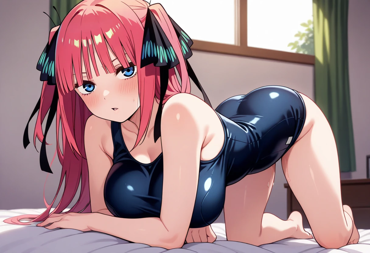 best quality, ultra-detailed masterpiece, anime art style, cute characters, nino nakano, one-piece swimsuit, large breasts, pantyhose, blush, smile, open legs, pussy focus