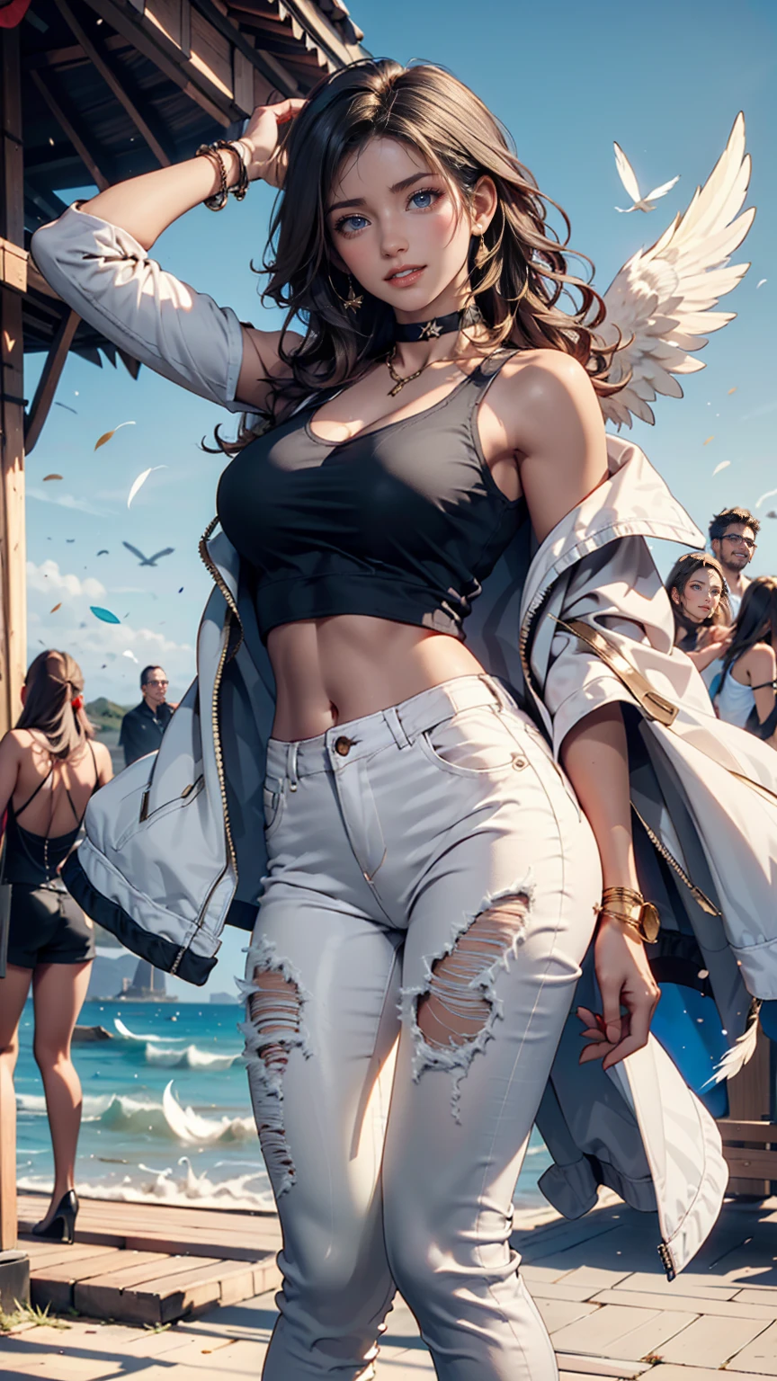 a sexy black woman wearing a beige cropped tanktop showing her toned stomach, wearing torn jean pants with fishnet stockings showing through them