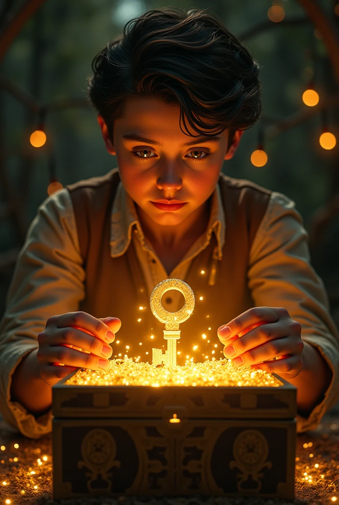 Ethan: (Curious and adventurous, wearing casual clothes) What is this place hiding? (He opens an old, ornate box and discovers a glowing artifact.)
(Close-up of the artifact, intricate designs etched into its surface. It begins to glow brighter, illuminating Ethan's amazed face.)