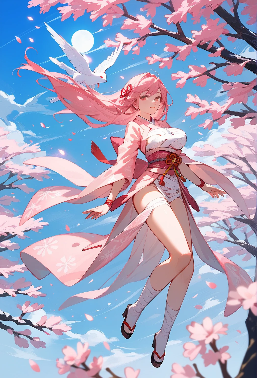Woman and rabbit hybrid, with blue eyes, pink hair , in white swimsuit, holding an oriental umbrella, the setting is oriental