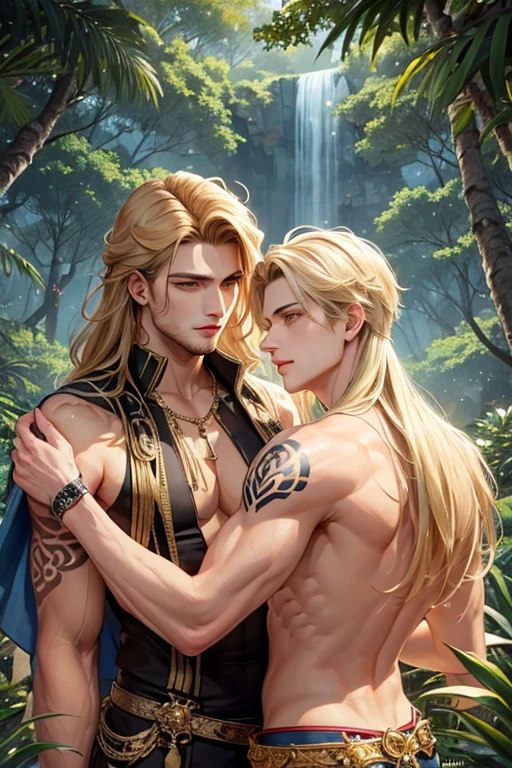 In the lost tribe, the Mayan tribe, tribal chief, a maiden with short hair and a muscular adult, orange and yellow gradient hair, yellow gradient hair, naked, holding a staff, full body, bare legs, bare feet, a lot of herbs around him, holding a staff, kissing affectionately, tongue kissing, tattooing, hugging together, sitting down