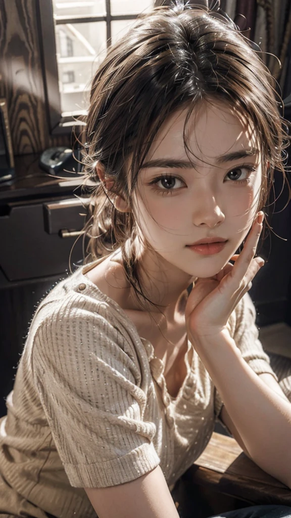 20 yo woman, brunette color hair, Short ponytail hair, Thinking face, (Wear a robe and pyjamas, mediuml ,No light), lying on sofa, glass window, wall clock, BREAK BREAK BREAK, cinematric light, realisticlying, tmasterpiece, Best quality at best, Complex CG,Highly detailed face,High detail eyes,