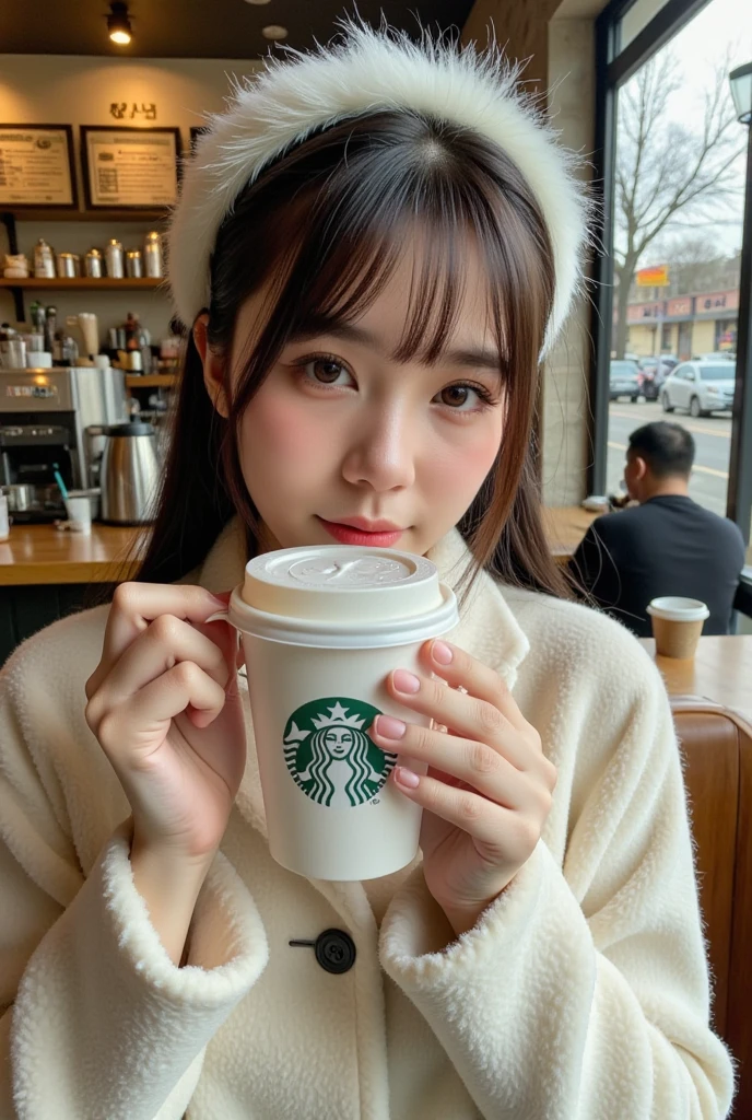 A girl in border knit with beige and white, portrait, close up, looks front, make up, orange red cheek, smooth skin, in a starbucks, iced coffee on table