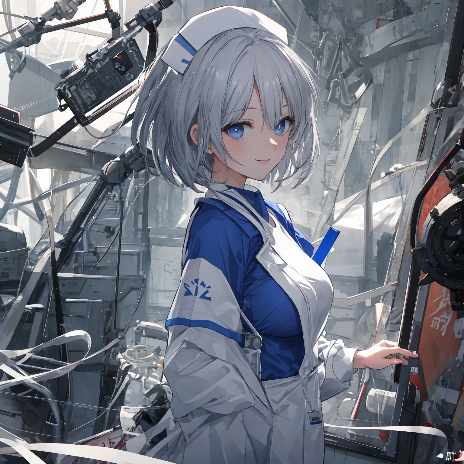 ((Masterpiece), Best Quality, Girl, (Uniform), Schoolgirl, Silver Shorthair, Blue Eyes, (Skirt Deflected), (White Panties), (Shy Face), (Shy Face), (Clear Face), Perfect Anatomy