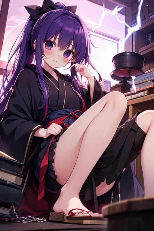 obra-prima, melhor qualidade, shigure kosaka, olhos castanhos, cabelo longo, cabelo preto, rabo de cavalo, fita de cabelo, gargantilha preta, quimono rosa, coxas roxas, sandals, ao ar livre, bashful, sorriso sedutor, NSFW