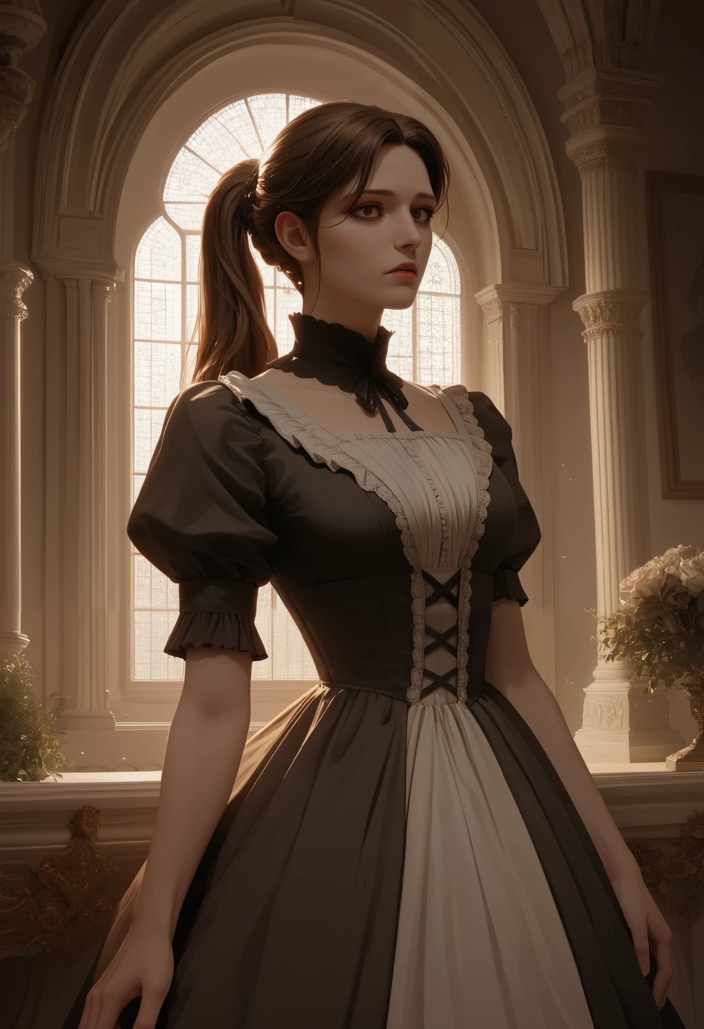 masterpiece, best quality, amazing quality, very beautiful, Absurd, latest, scenery, anatomically correct, 16k, UHD, accurate, expressive, {{1girl solo}}, illustration, masterpiece, ultra-detailed, {{detailed shading, detailed skin}}, {{realistic skin}}, BREAK, detailxl, female, young, solo, moody, brown eyes, brown hair, ponytail, victorian mansion background, large hall, dim lighting, muted dress, plain dress, from the waist up, young , young girl, simple dress,