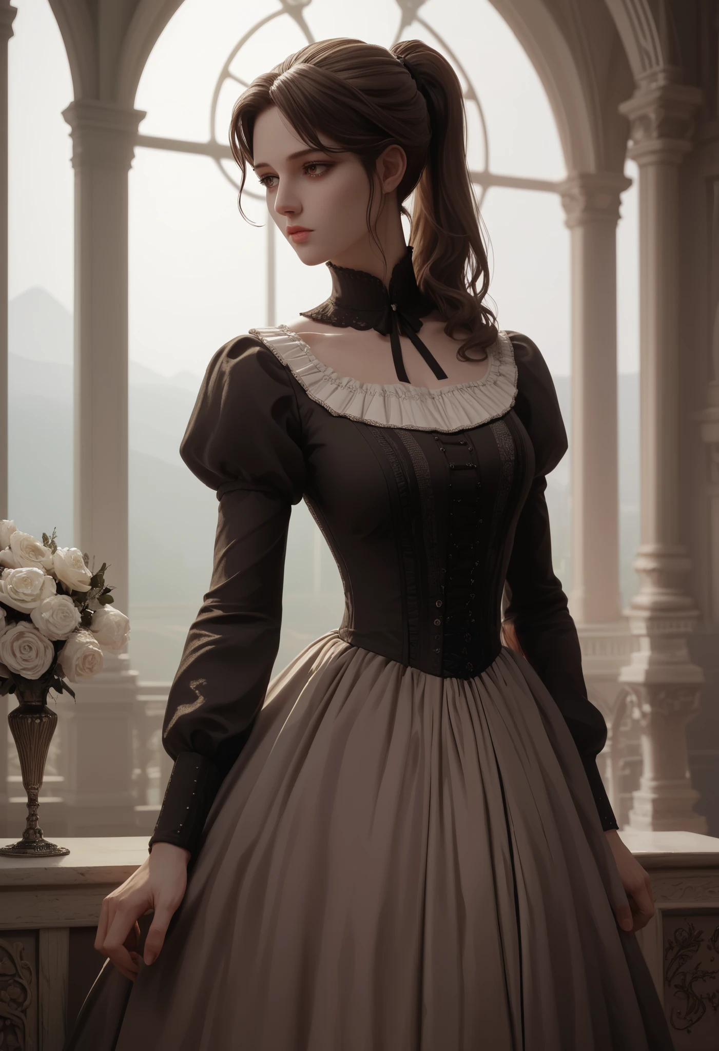 masterpiece, best quality, amazing quality, very beautiful, Absurd, latest, scenery, anatomically correct, 16k, UHD, accurate, expressive, {{1girl solo}}, illustration, masterpiece, ultra-detailed, {{detailed shading, detailed skin}}, {{realistic skin}}, BREAK, detailxl, female, young, solo, moody, brown eyes, brown hair, ponytail, victorian mansion background, large hall, dim lighting, muted dress, plain dress, from the waist up, young , young girl, simple dress,