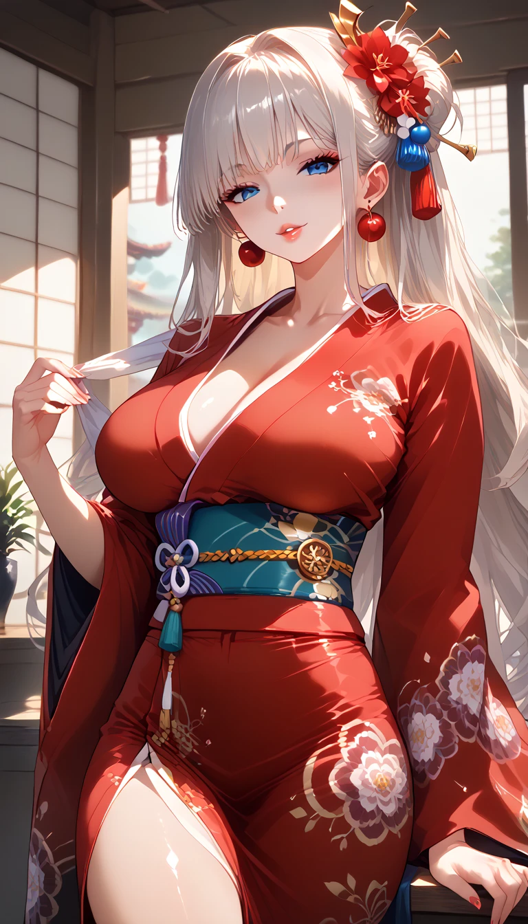 ((masutepiece)), Best Quality, Super Detail, HDTV, Highly detailed CG unified 8K wallpaper, Perfect Anatomy, Detailed hand, ((((High angle,beautiful kimonos,Red kimono,Japanese dress,Dazzling)))), (One woman with big breasts with sexy charm), ((,Open chest,Legs seen from the hem of a kimono,No Underwear)), ((Full body)), (dynamic compositions), High definition beauty face, (Eye of Detail: 1.4), (Wet body)), Shiny skin, Fine-grained skin, Fine-grained hair, Cowboy Shot, Big background, (Colored leaves,momiji)