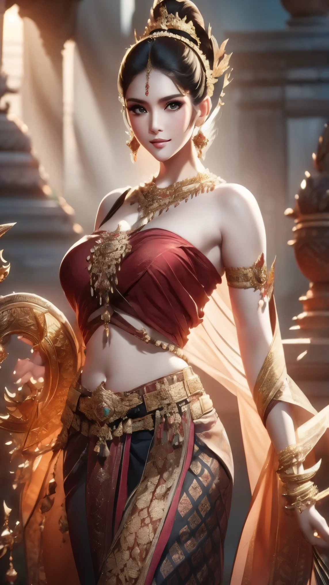 Create a sword-wielding girl warrior in 4K with beaitiful curved shapes with graceful concave curves from head to toe. (Haircut1 .2) He is adorned with ancient Thai jewelry, including necklaces, bracelets, belts. She wears a single cloth (Fluke set - tube top) (Dark Red Dress )Beautifully adorned with rich colors and intricate patterns ( Long Sword Handle1.2) face. Smooth belly. The background should reflect her sacred and powerful nature, with a soft light around her and a backdrop that complements her traditional outfit.