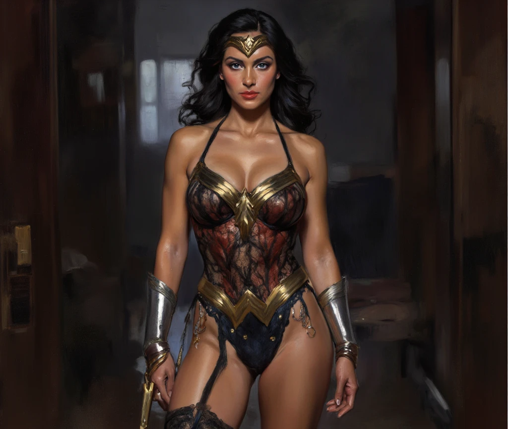 (( Gal gadot as wonder woman , wearing a  black color  wonder woman metal armor  :1.9 )), ((( posing with a sword,  rainy background: 1.6, ancient war island background :1.5)) ((  , looking at the viewers  ,  , fit muscular body , flat chest:1.5 , tall woman:1.5 ))),  ((( tanned skin tone, brown  color curly  short  hair: 1.5))) , hyper-realistic super-detailed full-length body of a sexy woman  with small breasts, show through, tanned body,  sexualized pose))) , ,((in sexy  with ), (cutouts in clothing: 0.8), (in a rain  background , wet rainy colorful  atmosphere  ), many details on clothes, photo session, , [:(detailed face:1.4):0.4], real perfect female anatomy, beautiful abs, beautiful symmetrical face, beautiful natural make-up, anatomically correct hands, perfect facial anatomy, high-quality textures, Ultra Photorealistic, sharp focus, contrasting light, soft lighting , intricate detailing, professional color correction, High Detail, Depth of Field, HDR Realistic, Photorealistic, White Color Correction, Ultra Photorealistic, Super Detailed, Intricate Details, Full Color,  Lighting, High Contrast, Golden Hour Award Winning, Best Photo, fia Professional Photography, 4D Rendering,, behance winner, erte 12k, super sharp focus, 64K, UHD, (ripped clothing:0.8), perfect face, looking at viewer, (highly detailed skin: 1.5 ), natural lighting, (direct light:0.2), 8mm film grain, photographed on a Sony a9 II, 24mm lens, F/2.8 aperture, deep focus, (RAW 10bit) -