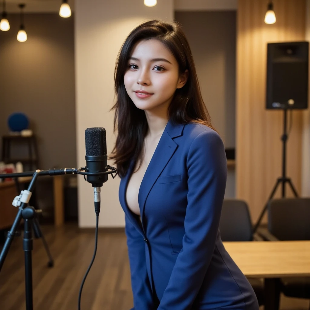 beautiful lighting, Salle de podcast, real life, 25 ans, Belles femmes, Portez une jupe courte, stand on the side of the table with microphone, Oeil regardant ver la camera, full body view, , complexe, High detail, mise au point nette, ultra realist, 8k, Masterpiece, Best quality, High quality
