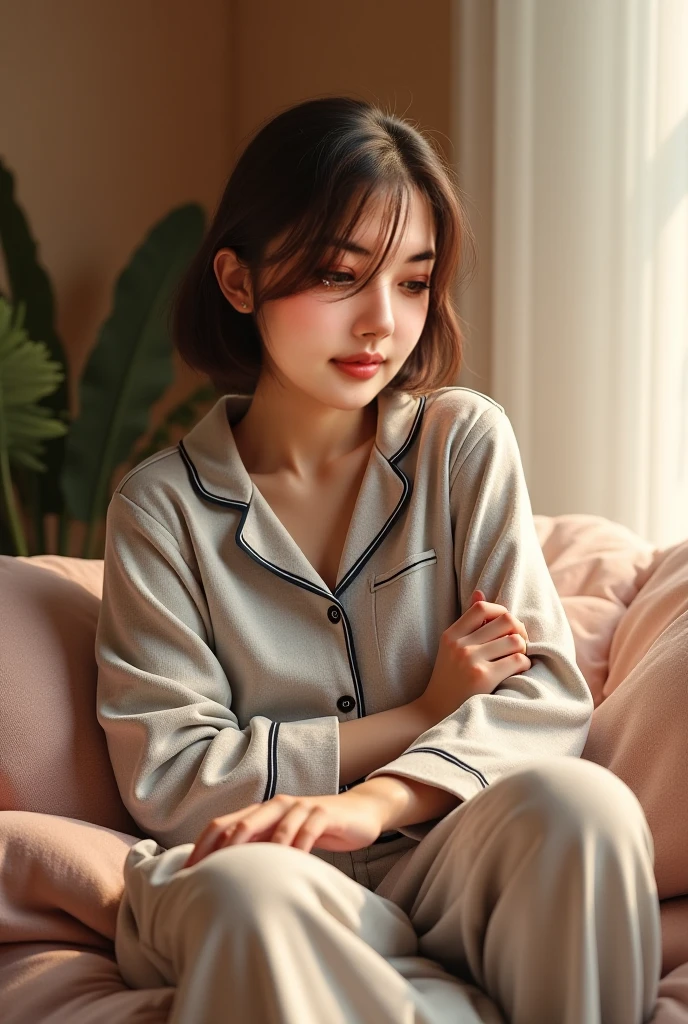 22-year-old girl, with gray eyes, pale white skin, slim figure, smiling, black hair, fashionable, sitting drinking tea and wearing her pajamas sitting on the floor, photo taken with an ultra-realistic professional camera