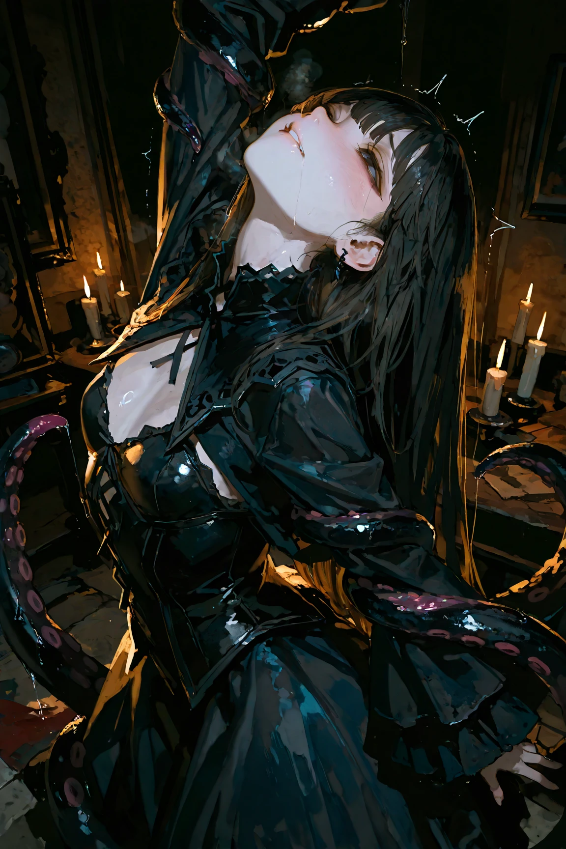 masterpiece, 最high quality, high quality, High resolution, high quality texture, high quality shadow, High Detail, Beautiful details, Detailed, Extremely detailed CG, Detailedテクスチャー, a Realistic representation of the face, Realistic, colorful , delicate, Cinematic Light, Side light, Lens flare, Ray Tracing,tailed beautiful delicate face, detailed beautiful delicate eyes,Beauty　Sister　Monastic Clothes　nun ((torn clothes)) erect nipples beautiful ass　leaning forward ((orgasm)) (((tentacles sex))) tentacle bound arms (((cum overflow))) cum in pussy((Wet))