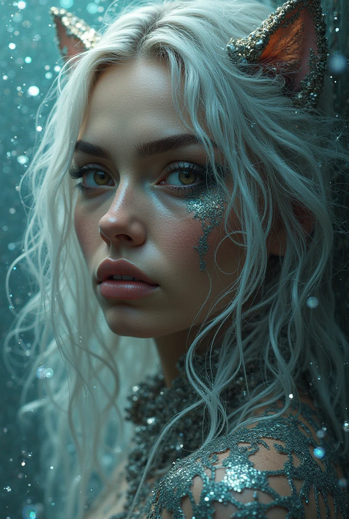 Zoya, perfect lighting, extremely detailed CG, 1girl, breasts, earrings, jewelry, makeup, medium breasts, necklace, shorthair, solo, tattoo, arm tattoo, silver hair, wet, standing, pants, crop top,((masterpiece:1.2, best quality, high resolution, distinct image)), Zoya from path to nowhere, muscular female, sharp eye, tattoo, perfect lighting, big breasts, bright white hair, black lips