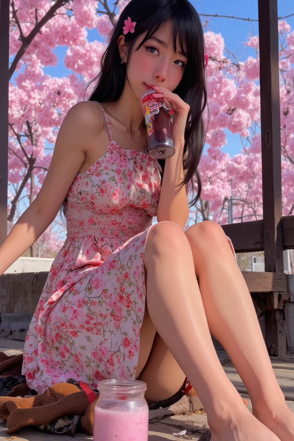 Highest quality、beautiful girl、Sitting、Spread your legmile,from below