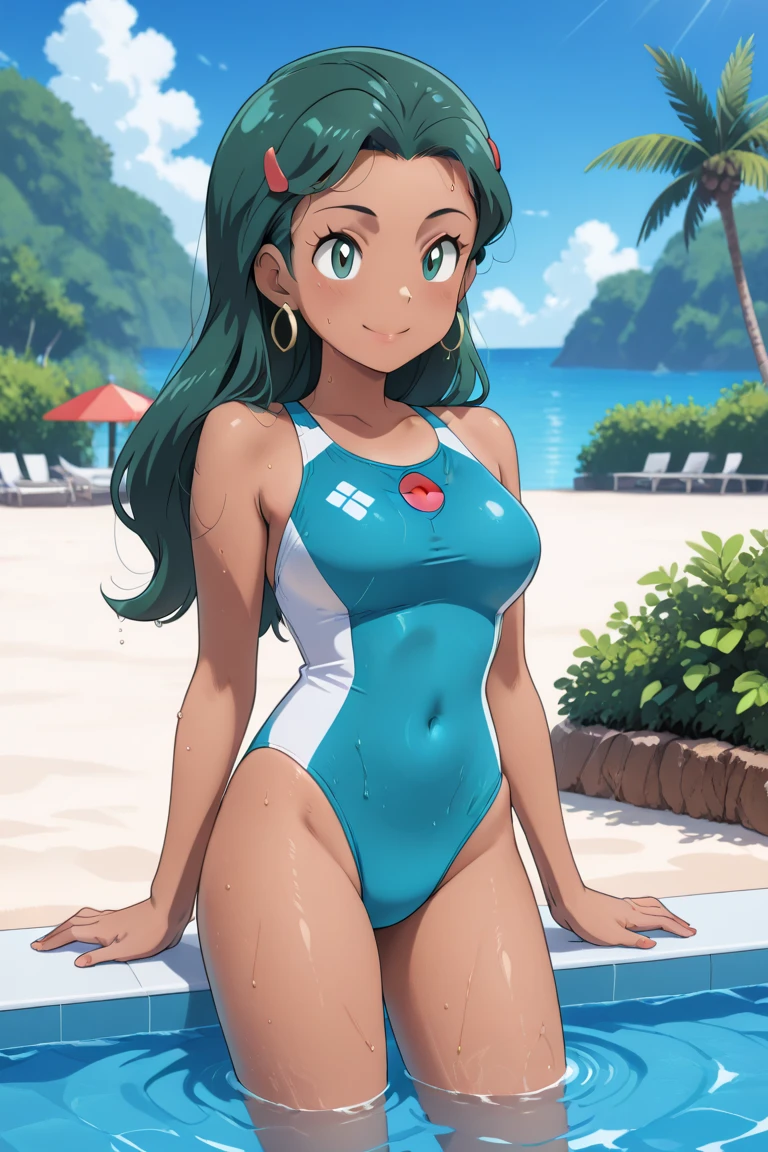 Tsuyu, tan, tanlines, dark skin, wide hips, big hips, thick hips, ample hips, broad hips, massive hips, slim waist, thin waist, narrow waist, small waist, slender waist, slendered abs, long legs, toned body, big breasts, thick thighs, big thighs, round thighs, massive thighs, muscular calves, long green hair, long green eyes, multiple horns, thick lips, oozing sensuality, sexy without trying, glowing bikini, sunset, pool, sea, wet, wet skin, wet hair, sweaty, reflections on body, unexpected photo, foreshortening, perspective, long nails, long claws, fangs, side view, resting her arms on edge of the pool, twilight, night, dynamic, movement, action, moving