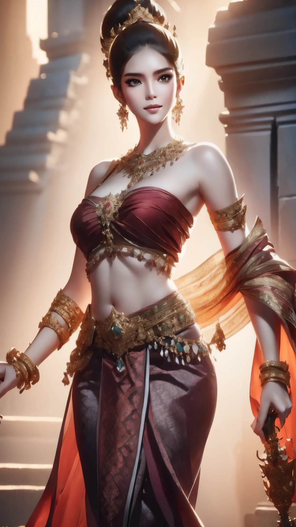 Create a sword-wielding girl warrior in 4K with beaitiful curved shapes with graceful concave curves from head to toe. (Haircut1 .2) He is adorned with ancient Thai jewelry, including necklaces, bracelets, belts. She wears a single cloth (Fluke set - tube top) (Dark Red Dress )Beautifully adorned with rich colors and intricate patterns ( Long Sword Handle1.2) face. Smooth belly. The background should reflect her sacred and powerful nature, with a soft light around her and a backdrop that complements her traditional outfit.