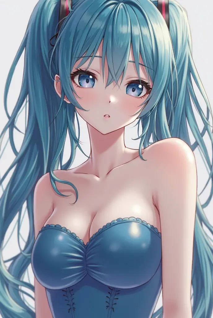 Create an anime girl with turquoise hair and turquoise eyes and giant breasts