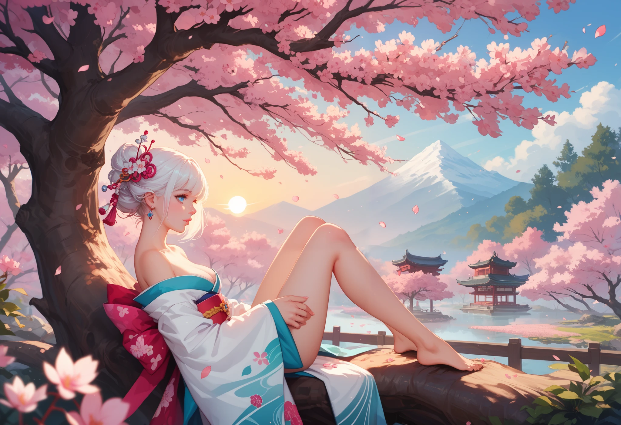Cute 30 something year old girl, white hair, bob haircut, pastel blue eyes, slightly pointed nose proportional to her face, soft naturally pink lips, very detailed, relaxing in a serene garden full of beautiful blossoming cherry blossom trees, cherry blossom, sakura petals falling from the trees and filling the air, atmospheric, wearing a kimono, kimono off shoulders, bare leg, in profile, from side, evening, the setting sun shines through the trees and petals, sunlight illuminating her hair and silhouette, very detailed, masterpiece