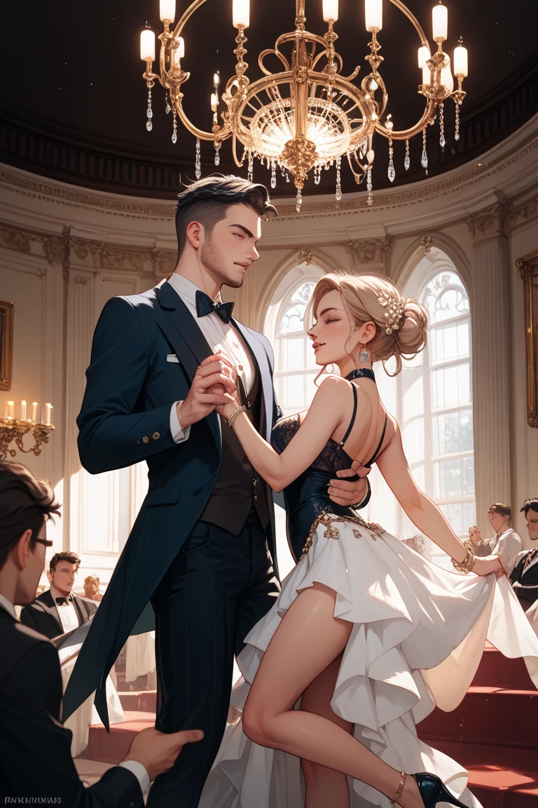 (A single correct face, not clearly divided, but harmoniously). A figure is split imperceptibly in the center, with one half representing a woman and the other a man. The face is a plausible and well-balanced mix of masculine and feminine features., perfectly harmonizing the two aspects in a unified and intriguingly ambiguous expression. The female half is elegantly dressed in a flowing blue evening dress, with delicate lace details along the neckline and sleeves. Her hair is styled in soft curls, and wears a single earring that shines in the light. The male half is dressed in an elegant blue tuxedo, a crisp white shirt and a bow tie. The tuxedo blends harmoniously with the suit, and the shirt with the dress slip, creating a harmonious fusion of the two styles. Her hair is neatly combed and she wears a shiny black shoe.. The figure embodies gender duality in one person, seamlessly blending both genres in perfect harmony. The figure is found in the middle of a crowded bar. The bar is lively, with people chatting and glasses clinking, while soft lighting casts warm tones on the scene.