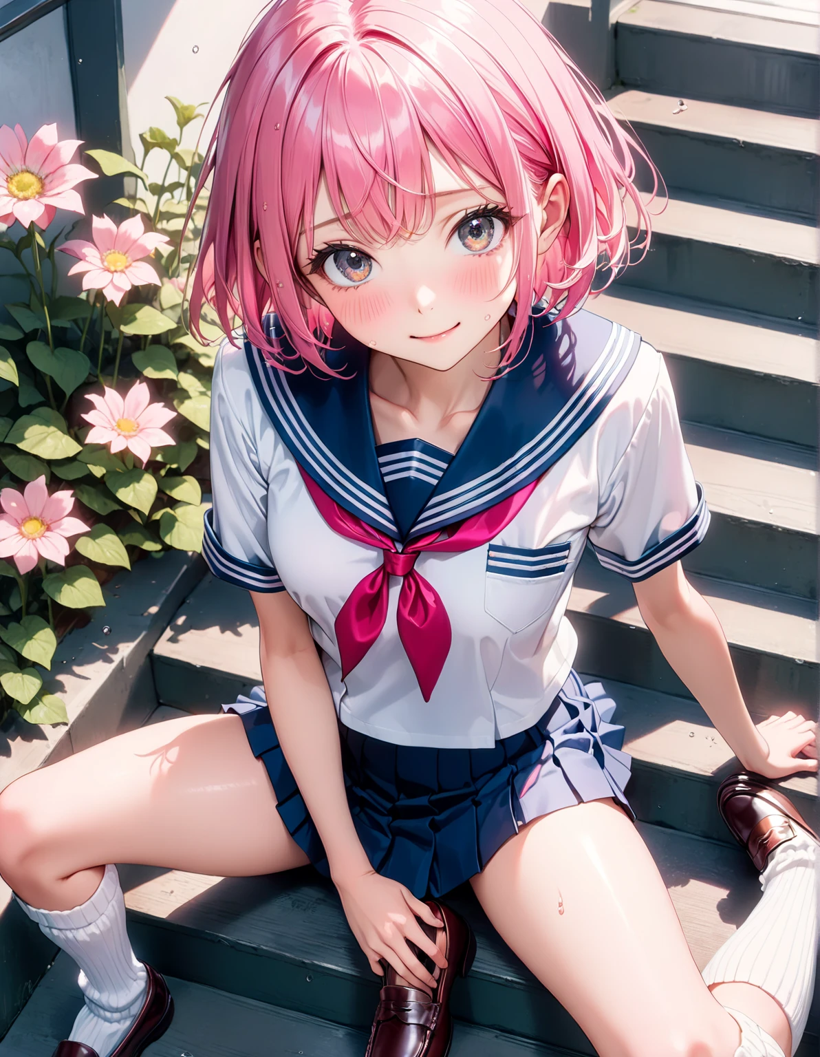 (best quality, 4k, 8k, highres, masterpiece:1.2), Pink Hair、Shorthair、breasts are beautiful and big。There is a large tree。Step on that big tree with your legs spread to the left and right.。Please lie down on the tree and sleep。and smile、Support your body with your hands in front of you。high quality sailor uniform、climb on top of a tree。spread your legs wide
