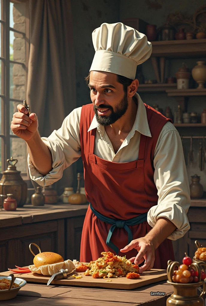 <lora:Jean-Baptiste-Simeon Chardin Style:1>Jean-Baptiste-Simeon Chardin Style - portrait of a cook inside a kitchen in Versailles during 1600, soft light, dirty enviroment, ultra wide lens, full body by Jacques-Louis David