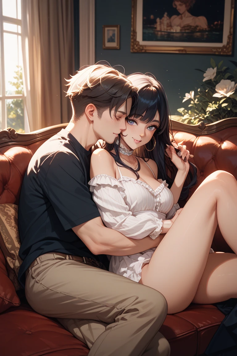 Young men and women in their 20s、1 male, 1 woman、(best quality, masterpiece, 8k, Reality, Movie Lighting, 1:4 hdr images, Extremely detailed, Beautiful images))Unisex Lightweight Clothing、When kissing、Woman's romance、Bright and atmospheric、Glossy appearance、Saliva overflow、woman(brown semi-long hair)Close your eyes、Sweet Sigh、Men(Black short hair、Show your legs)用力Close your eyes、background(A room、sofa)、Dead、Darker,The picture is romantic,Pink glow,Ambiguous atmosphere(Characters with delicate facial expressions,Normal facial features)