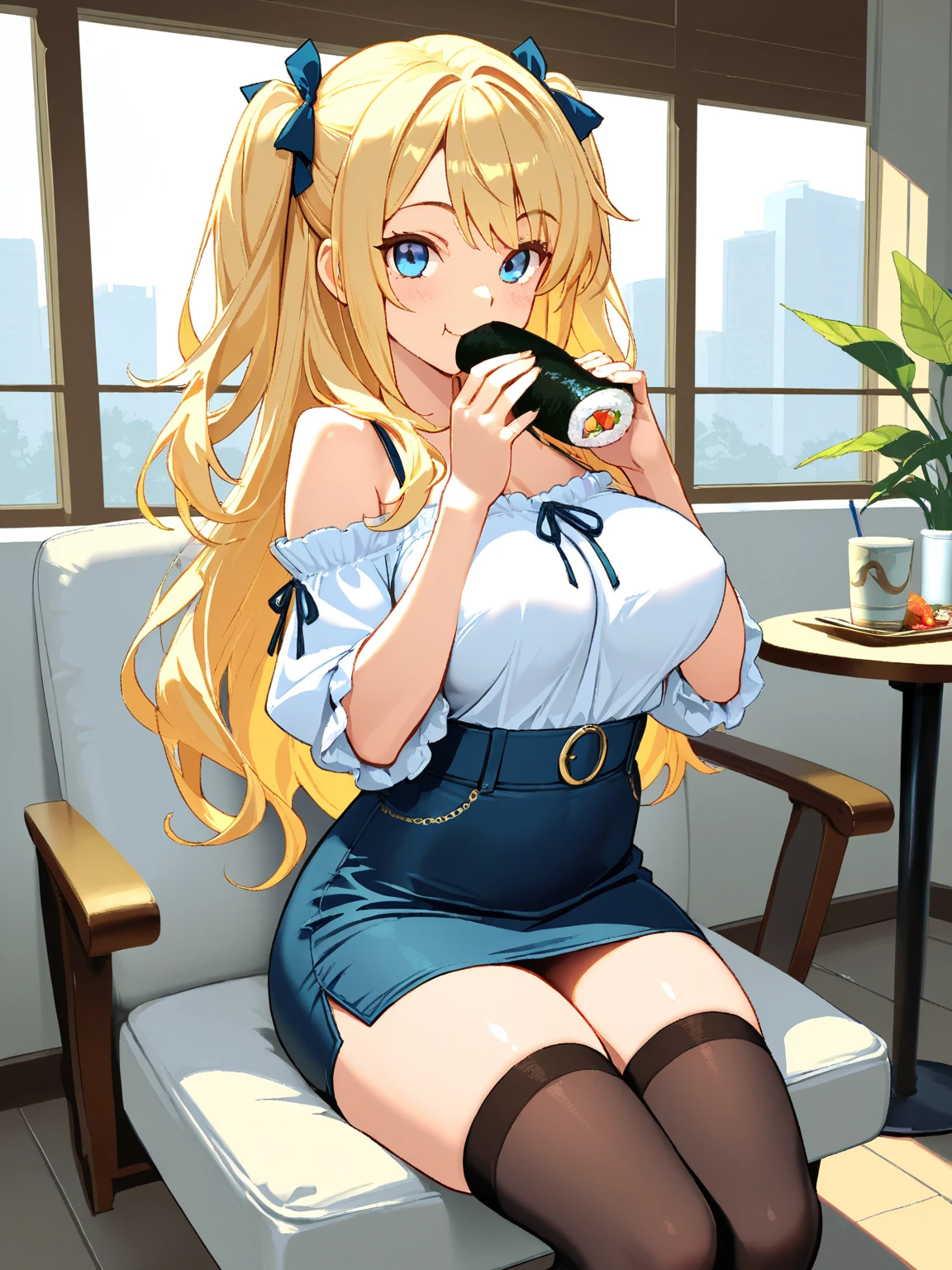 1woman,super beautiful,Sitting in the living room, looking away,Pout your lips,Holding a bowl of vegetables, half body photo,Focus on face,Beautiful eyes, very detailed face, HD face, perfect face,black t-shirt,black mini skirt,Very big breasts,Blonde hair,long hair,wavy hair,bangs,blue eyes,ultra detail,ultra Hd, masterpiece,4k