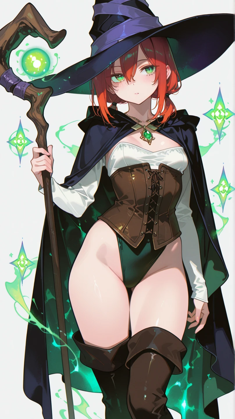 1girl, solo, female mage, dragon quest 3, green dress, strapless dress, black witch hat, brown cloak, brown gloves, short hair, red hair, straight hair, medium breasts, sexy, masterpiece quality, intricate detail, 4k resolution, ultra hd