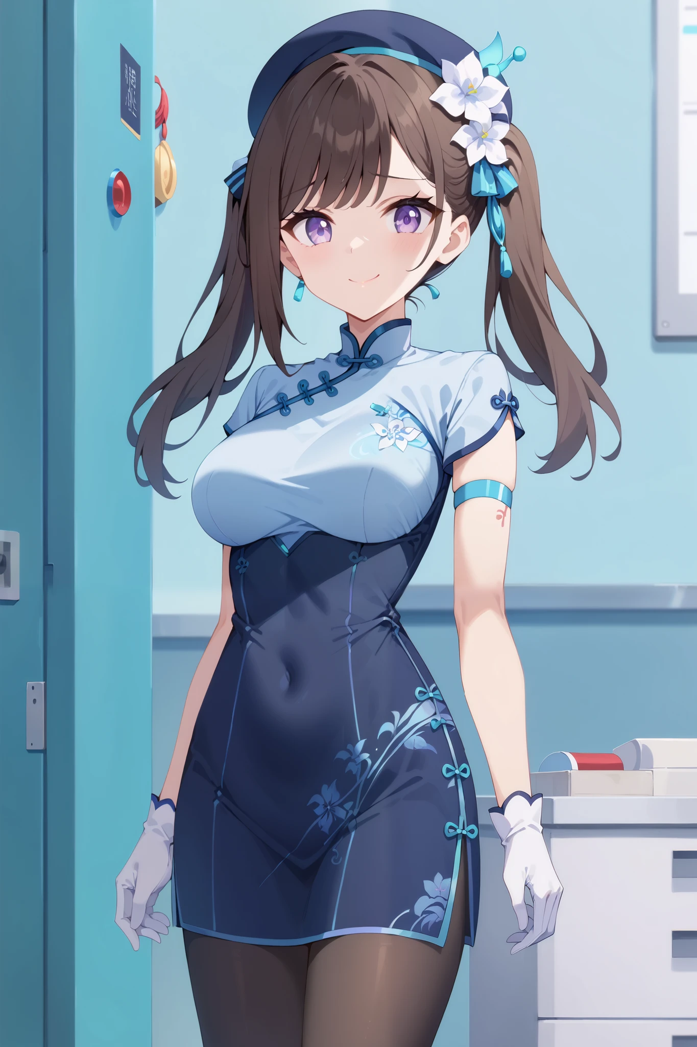 1girl, ager, Solo, ((dark brown hair, light purple eyes, medium breasts, underbust)), weak smile, white gloves, shy expression, hesitant, blue beret, Twintails, sideswept parted hairbangs, white flower head ornament, dark blue short cheongsam, cheongsam, white and light blue accents, black pantyhose, arm band, futuristic office background, High Resolution, Masterpiece, Best Quality, High Quality, full body, close up portrait photo
