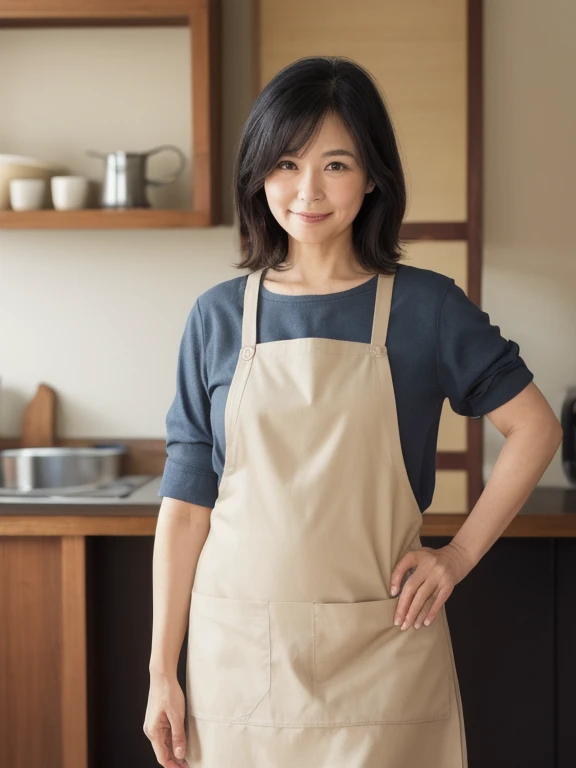 (top-quality, masterpiece,photo realistic,ultra-detailed,Textured skin:1.2),(Anatomically correct),(1 girl),professional lighting, break ((wearing apron),in kitchen, break (small breasts),drooping breasts,saggy breasts,break (japanese mature woman),(45 years old),smile,