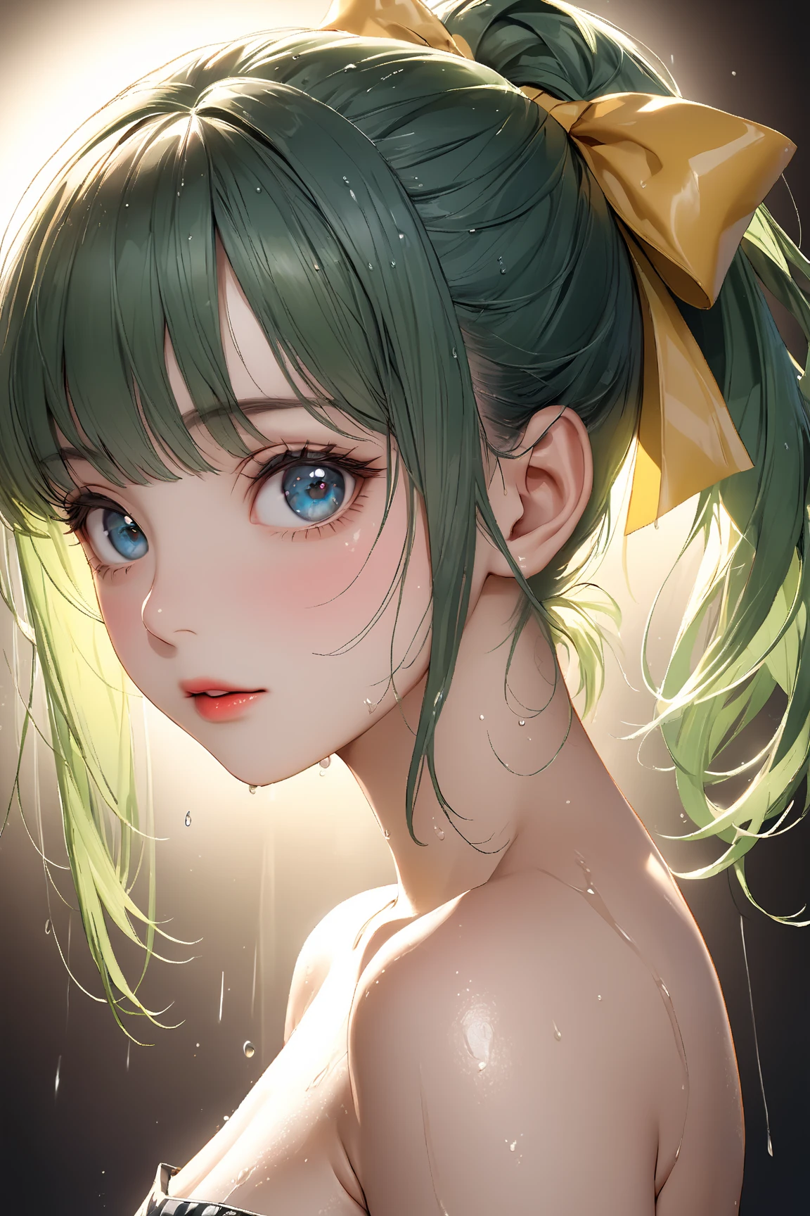 Highest quality、High resolution、Detailed Background、(Beautiful face in every detail:1.4)、Anatomically correct、(Detailed facial expressions)、(fine grain:1.2)、Teenage Beauty、One Girl、Cute hair color、Beautiful, clear, deep blue eyes、Braided Ponytail、Braided bob cut、primary school, Junior competitive swimmer, ((Turtleneck one piece swimsuit:1.4)), (Simple design without patterns), (Clear metallic green swimsuit:1.5),　(natural make up:1.5), (pink lips:1.5), (full lips:1.5), (parted_lips), (toothless smile)), Outdoor swimming pool、My hair is dancing in the strong wind、Watching the audience、Hands don't hold anything、Smiling Quietly、((Chest close-up))