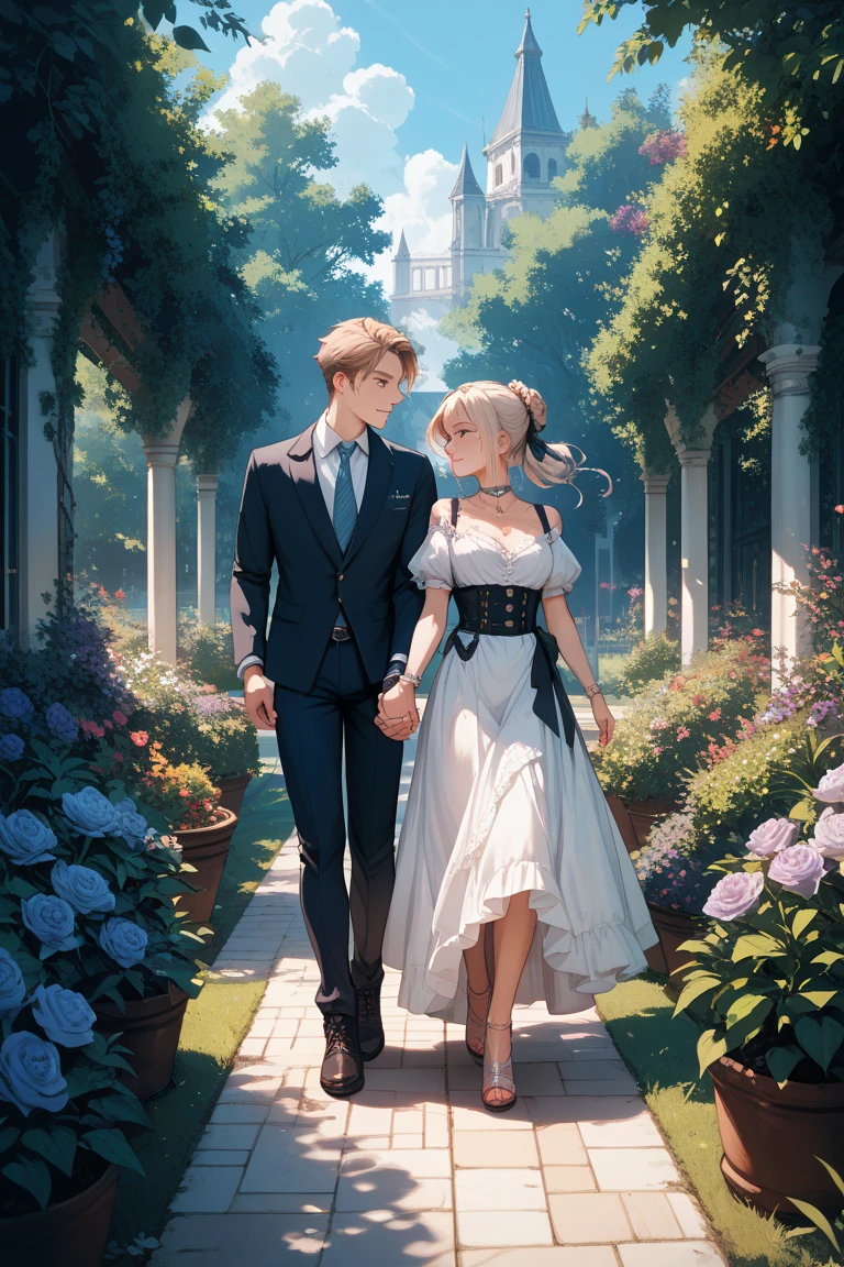 Eddie Redmayne as Newt Scamander with brown hair and freckles hugs a beautiful lady with white hair and lilac tips. Her hair reaches her shoulders and she is wearing a blue dress. They both look totally in love, about to kiss. It's a romantic scene at sunset on a greenhouse with yellow flowers