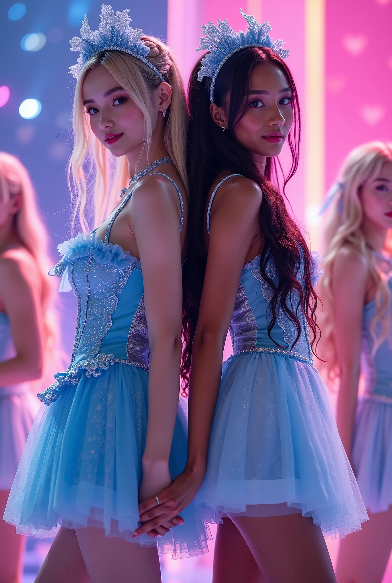 (extremely detailed, score_9, score_8_up, score_7_up, Very detailed, Detailed, Sharp focus, 8K UHD), Realistic full-body photos of two petite very young women, (((Eastern European blonde white woman and African black woman, full-body costumes visible, slender legs visible))), Big smiles, detailed facial depiction, detailed eye depiction, big eyes with double eyelids, thick lips, (((small breasts, standing back to back in the center, only faces facing the viewer, holding hands))), An idol singer wearing a frilly blue stage costume is singing on stage with a microphone in hand, (((holding a hand microphone in her right hand))), Behind her are members of an idol group wearing matching costumes, vivid and colorful lighting, a cute stage dotted with hearts, very fantastical, depth of field photo, looking at the viewer.