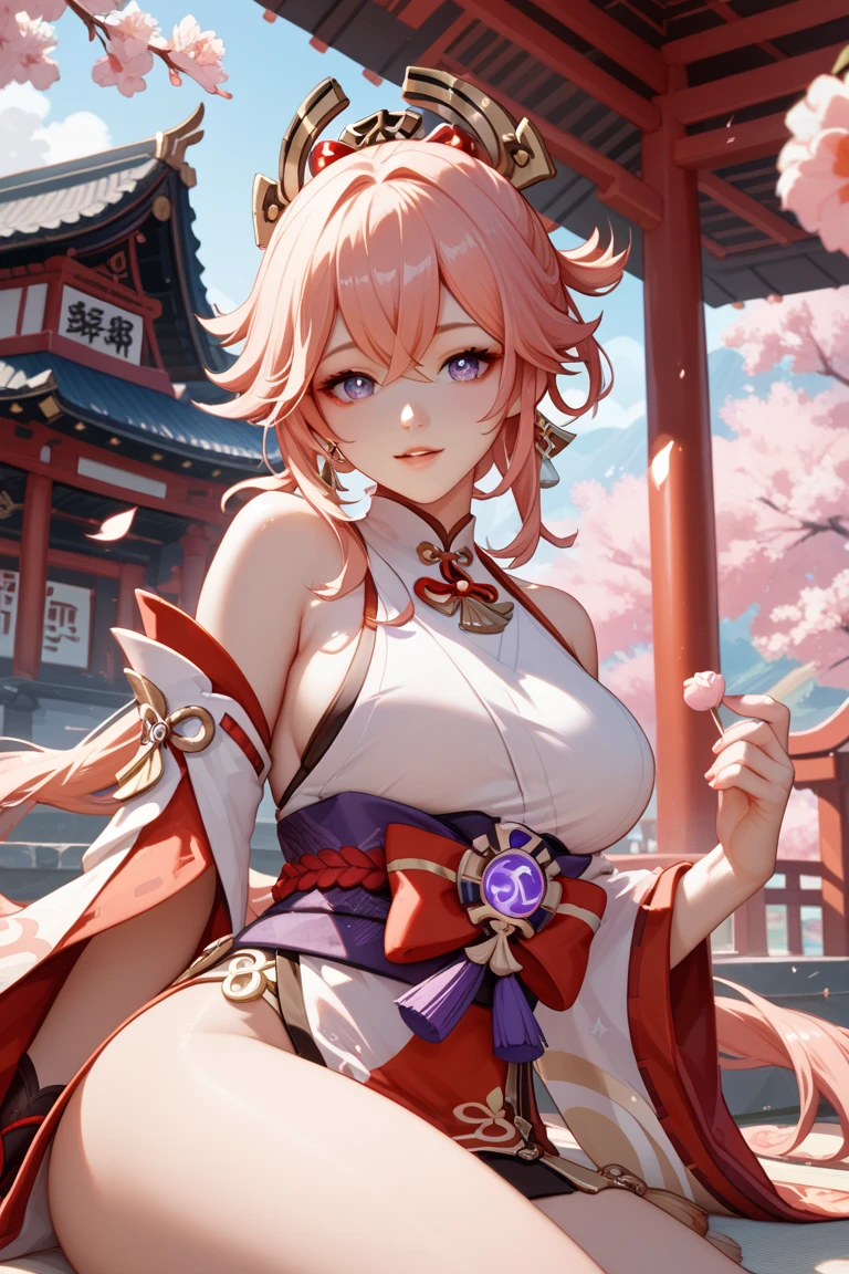 yae miko, Detached sleeves, bare shoulders, cheveux roses, cheveux longs, japanese clothes, beste-Qualit, (peinture:1.5), (ornement de cheveux:1.35), bijoux, violet yeux, boucles d'oreilles, seins, torii, fleurs de cerisier, lanterne, profondeur de champ, face detailed, mise au point sur le visage, ruban_trim, (regardant la visionneuse : 1,25), miko non traditionnel, peau brillante, manches longues, sourire, thick lips, jeu cg , hands on lips, architecture est-asiatique, (blured background:1.2), assis, haut du corps,