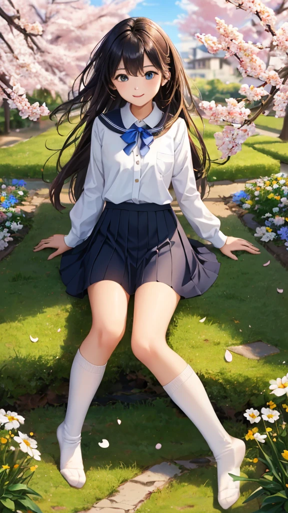 Very cute and beautiful girl,(very detailed beautiful face and eyes:1.2), Smile,Black hair,Sailor School Uniform,(Navy blue pleated mini skirt),Cowboy Shot, (From below:1.2),(Squatting),Beautiful legs,White panties, Flower Garden,grassy fields,shrubbery, (Best Quality,masutepiece:1.2),Intricate details,hight resolution,Extremely detailed,Cinematic lighting,Solo,