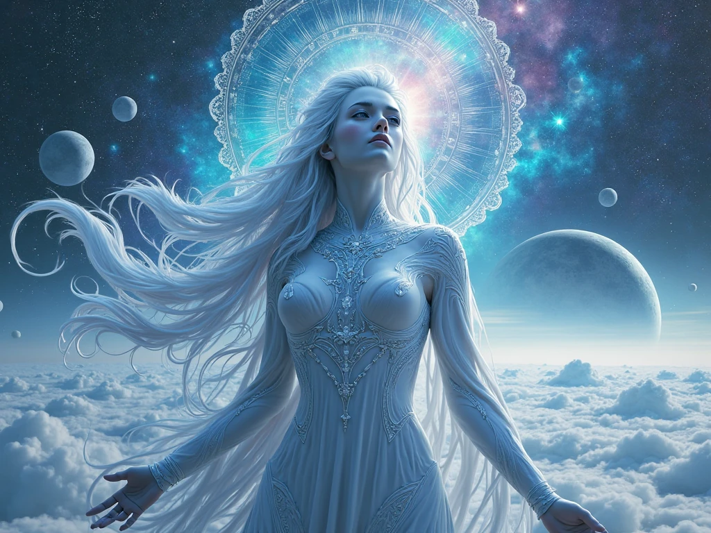 art in the style of Amanda Sage, close shot of a beautiful goddess of cyberspace among a sea of shapes and stars, beams of light radiate around her face, front view, the infinite expanse of the human mind, hyperrealistic, ultra detailed, ethereal beauty, Olivia Wilde, Ana de Armas, pale hypnotic eyes, y4nn <lora:y4nn:0.75>