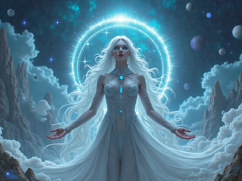 An elderly, wise figure with long white hair and a beard is seated on a rocky outcrop. Above this figure, a complex array of celestial symbols and diagrams suggests an astrological or mystical connection, set against a star-filled night sky. The intricate cosmic background enhances the vibrant, bright colors of the scene. Behind the character's head, a large circle of seven overlapping luminous colors draws attention to the colorful display around the figure. The design combines elements of translucent crystalline glass with subtle futuristic themes, incorporating mystery, cosmic beauty, and spirituality. The character appears powerful and otherworldly, reflecting the enigma and cosmic energy.