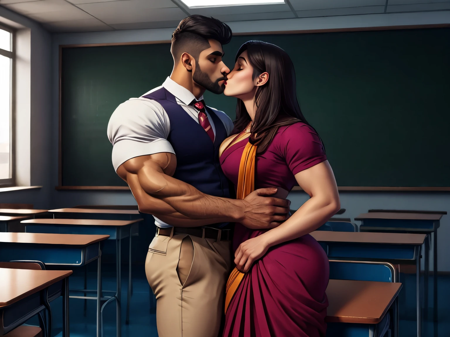 Straight couple (boy and 40 years old lady) body playing, Handsome muscular AARAV GURJAR 1 in school uniform doing body play with lady, standing in classroom doing body play with lady teacher, kissing, body playing, sucking