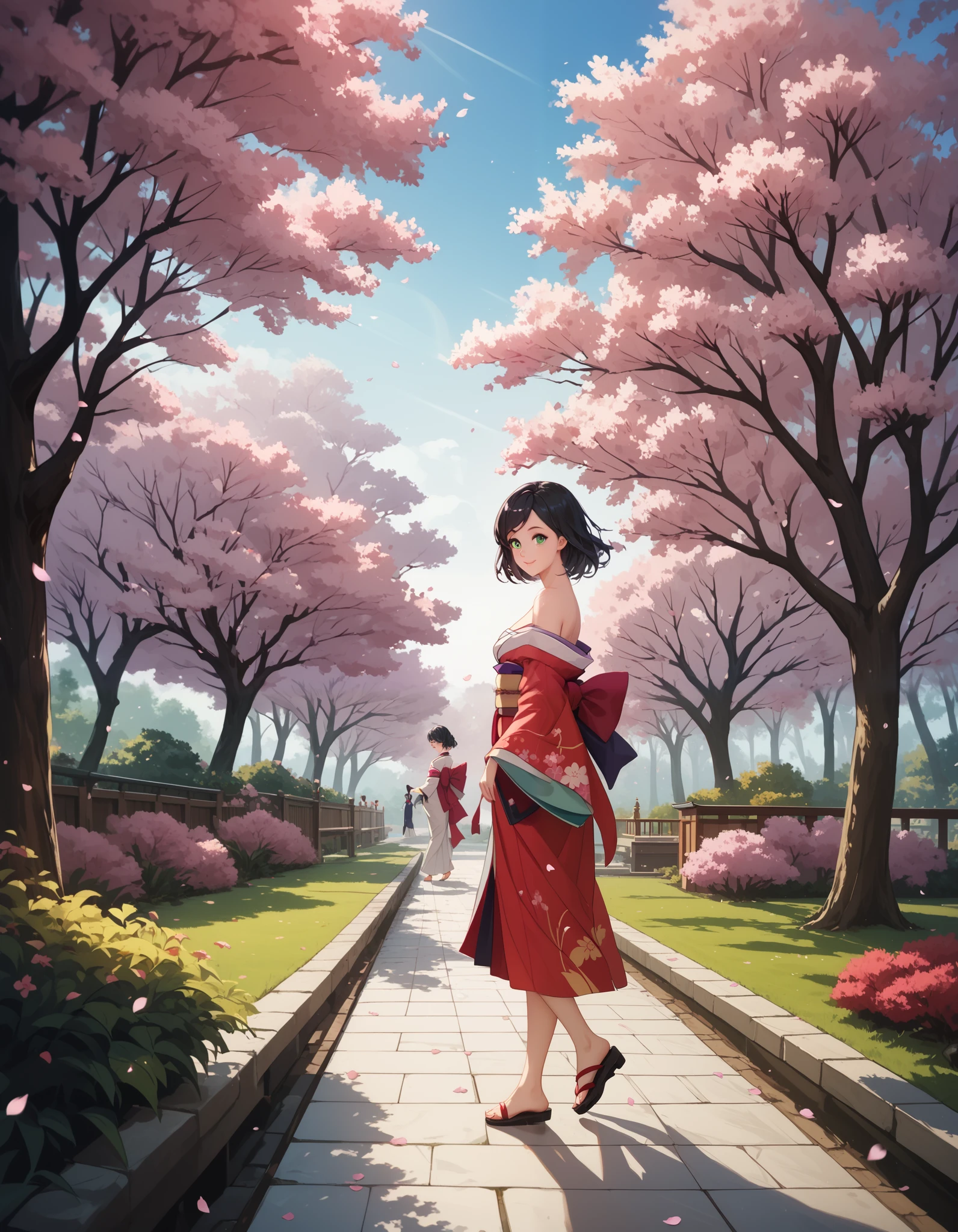 KJOlily, black hair, green eyes, medium hair, swept bangs, cute smile, very detailed, walking in a serene garden full of beautiful blossoming cherry blossom trees, cherry blossom, sakura petals falling from the trees and filling the air, atmospheric, wearing a kimono, kimono off shoulders, bare leg, in profile, from side, evening, the setting sun shines through the trees and petals, sunlight illuminating her hair and silhouette, very detailed, masterpiece