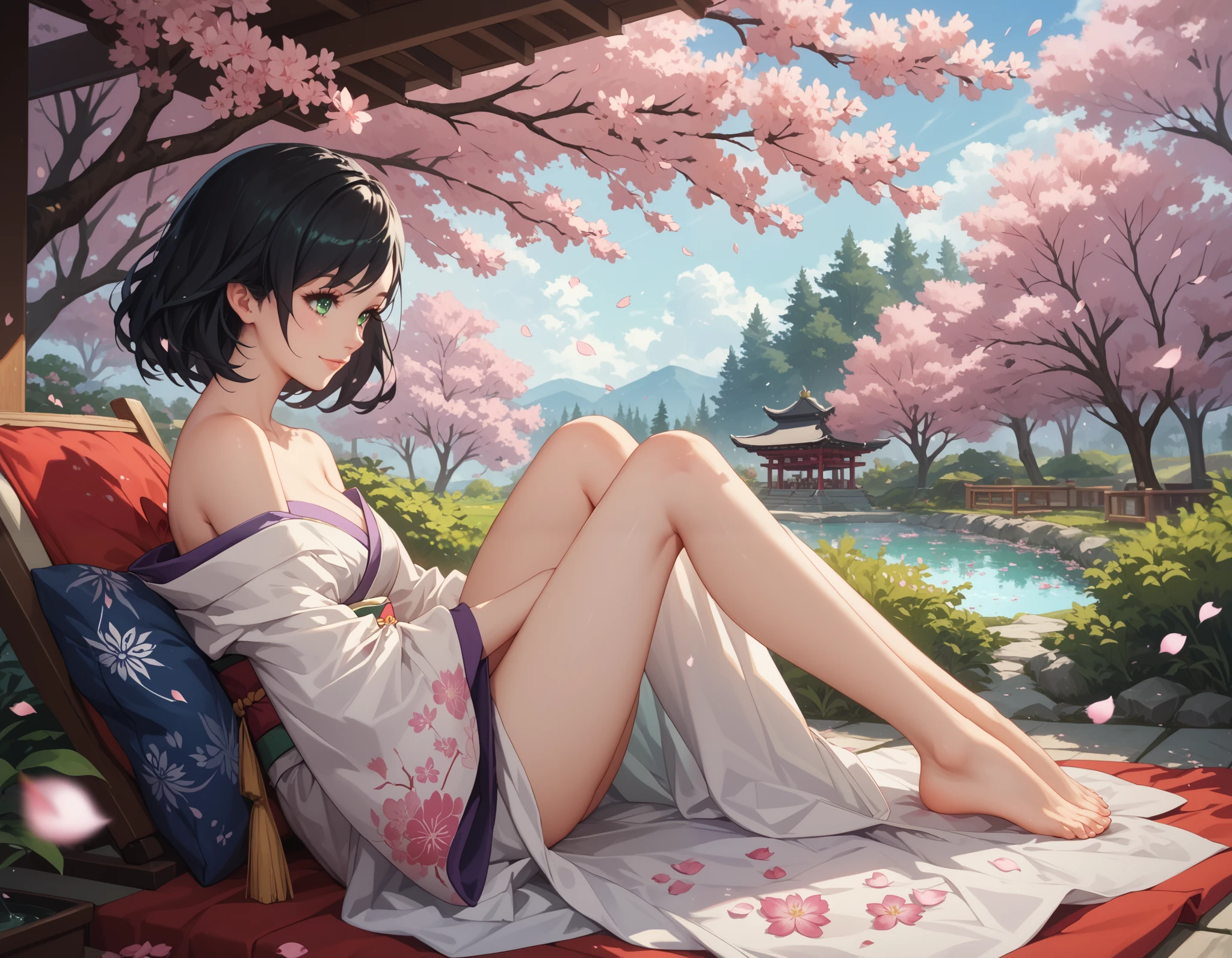KJOlily, black hair, green eyes, medium hair, swept bangs, cute smile, very detailed, relaxing in a serene garden full of beautiful blossoming cherry blossom trees, cherry blossom, sakura petals falling from the trees and filling the air, atmospheric, wearing a kimono, kimono off shoulders, bare leg, in profile, from side, evening, the setting sun shines through the trees and petals, sunlight illuminating her hair and silhouette, very detailed, masterpiece